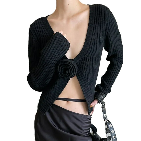 KelaJuan Women’s Open Front Cropped Cardigan Long Sleeve Solid Color 3D Flower Sweater Slim Fit Knit Tops
