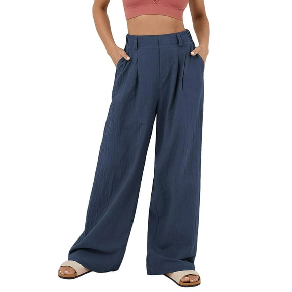KelaJuan Women’s Pleated Work Pants Elastic High Waist Solid Color Wide Leg Pants Palazzo Pants