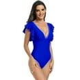 thumbnail image 1 of KelaJuan Women's Ruffle Sleeve Swimsuit Tight Fitted Deep V Neck Contrast Trim Tummy Control Bathing Suit for Beach Swimming Wear, 1 of 4