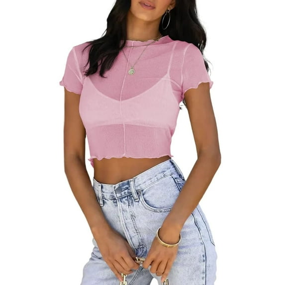 KelaJuan Women's Sheer Mesh Crop Tops Fashion Short Sleeve Crew Neck Solid Color Casual T-Shirts