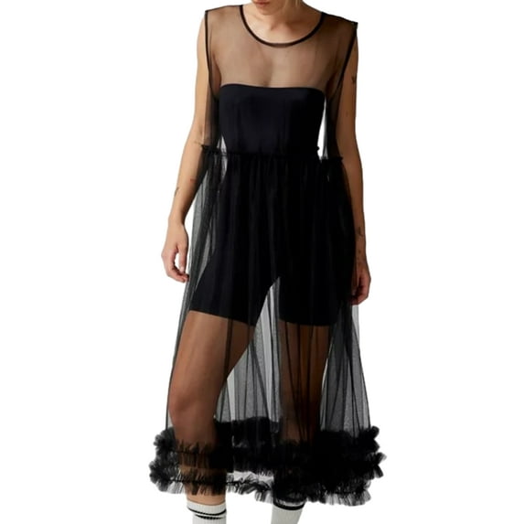 KelaJuan Women's Sheer Mesh Midi Dress Solid Color Crew Neck Ruffles Sleeveless Dress Beach Swimwear See-Through Cover-Ups