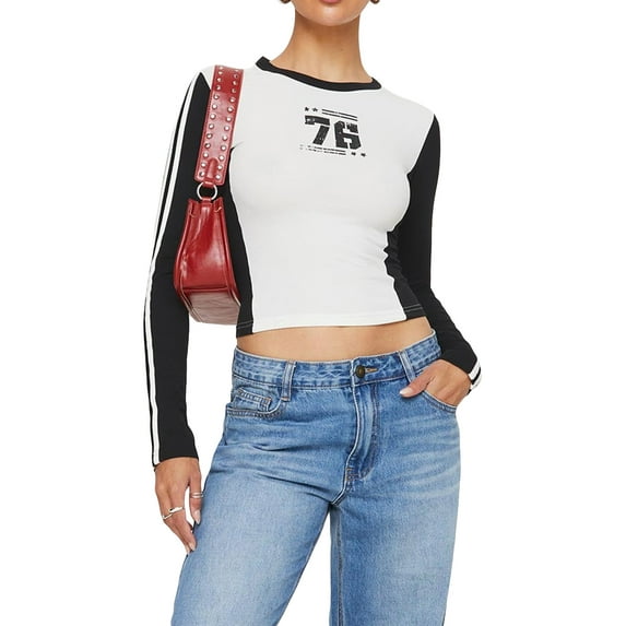 KelaJuan Women's Slim Fit Crop Tops Striped Long Sleeve Crew Neck Letter Print T-Shirts Blouses Streetwear