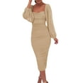 thumbnail image 1 of KelaJuan Women's Slim Midi Dress Solid Color Long Sleeve Square Neck Slit Ruched Dress Party Gown, 1 of 6