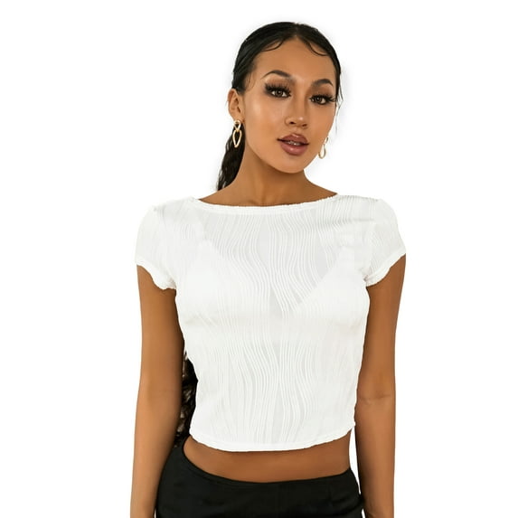 KelaJuan Women's Solid Color Cropped Tops, Summer Short Sleeve Open Back Casual Textured T-Shirts