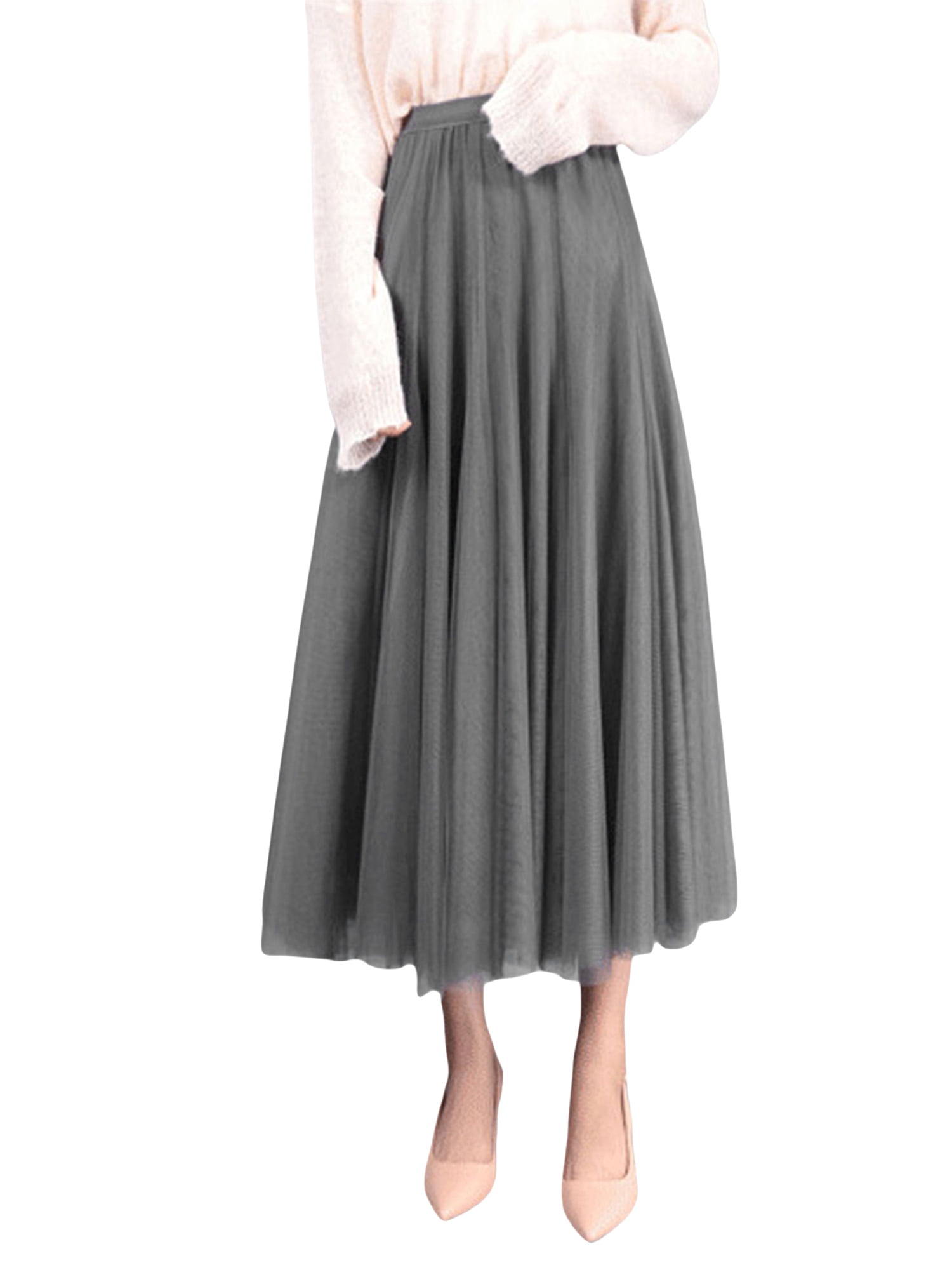 KelaJuan Women's Solid Color Long Skirts Layered Tulle Elastic Waist ...