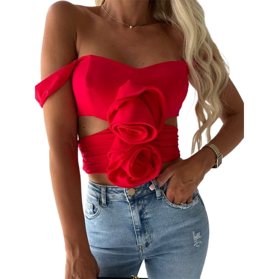 KelaJuan Women's Solid Color Tank Tops Fashion Sleeveless 3D Flower Front Ruched Crop Tops Clubwear