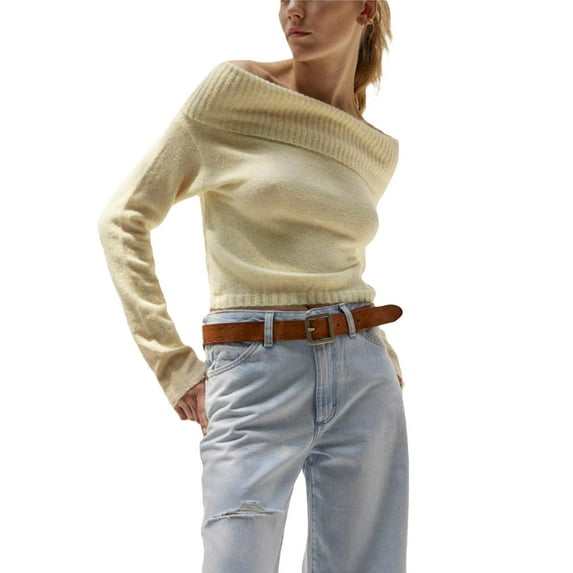 KelaJuan Women's Spring Autumn Knit Tops Solid Color Long Sleeve Off Shoulder Slim Knitwear