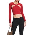 thumbnail image 1 of KelaJuan Women's Spring Slim Cropped Tops Solid Color Long Sleeve Round Neck Front Cutout Backless T-Shirt, 1 of 6
