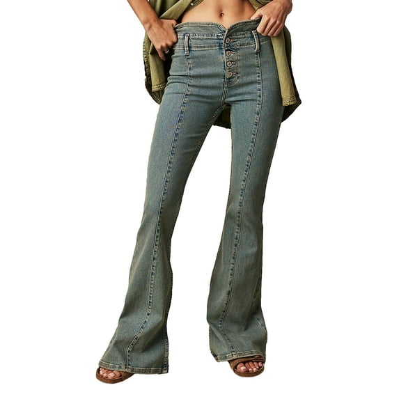 KelaJuan Women's Spring Summer Denim Pants Solid Color Mid Rise Slim Fit Flared Bell Bottom Jeans