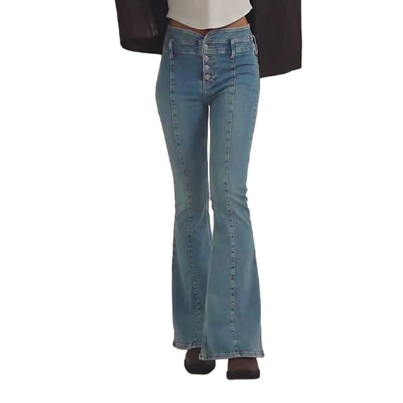 KelaJuan Women's Spring Summer Denim Pants Solid Color Mid Rise Slim Fit Flared Bell Bottom Jeans