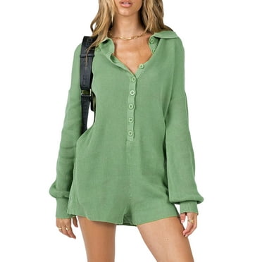 KelaJuan Women's Spring Summer Short Jumpsuit Solid Color Long Sleeve Lapel Button Up Romper