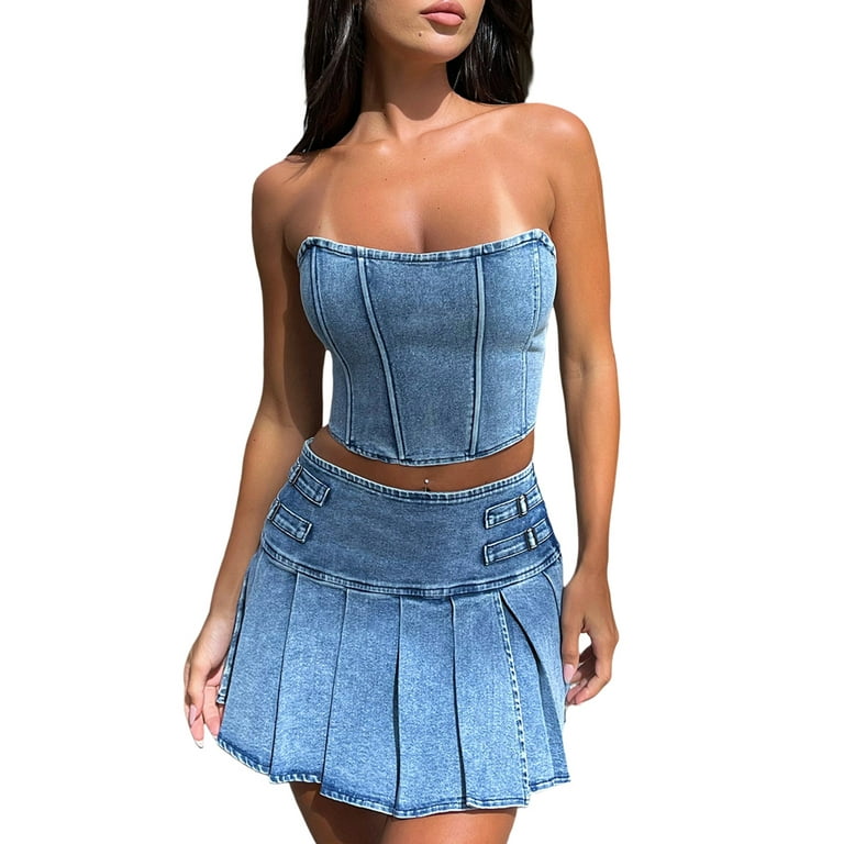 Pleated denim on sale skirt in summer