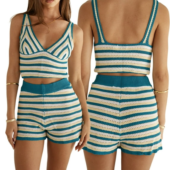 KelaJuan Women's Summer 2PCS Outfit Sets Sleeveless V Neck Crop Tops + Casual Striped Shorts