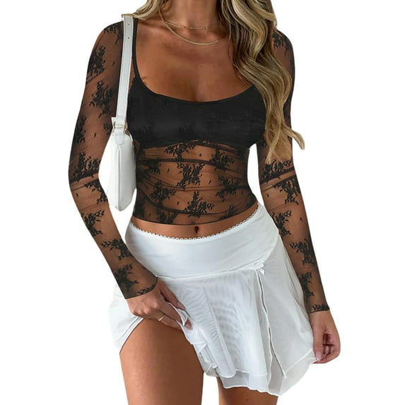 KelaJuan Women's Summer Fitted Crop Tops Black Long Sleeve U Neck Sheer Lace Floral T-shirt
