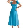 thumbnail image 1 of KelaJuan Women's Summer Long Dress Solid Color Short Sleeve Square Neck Ruched Tie Up Party Dress, 1 of 6