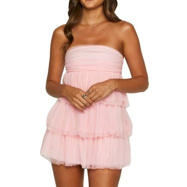 KelaJuan Women's Tube Top Dress Strapless Solid Color Ruffle Hem Mini Party Dress Slim Fit Tiered Dress