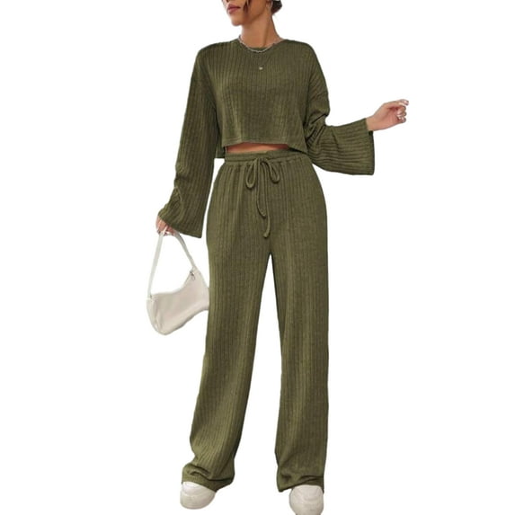 KelaJuan Women’s Two Piece Outfits Set Long Sleeve Ribbed Knit Crop Tops and Drawstring Pants Set Loungewear