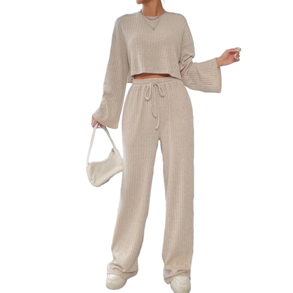 KelaJuan Women’s Two Piece Outfits Set Long Sleeve Ribbed Knit Crop Tops and Drawstring Pants Set Loungewear
