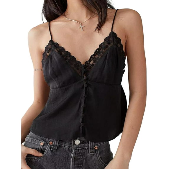 KelaJuan Women's V Neck Cami Tops Sleeveless Spaghetti Strap Button Down Camisole Lace Trim Tank Tops