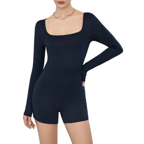 KelaJuan Women's Workout Jumpsuit Shorts Long Sleeve Square Neck Solid Color Lounge Rompers Unitard Bodysuits