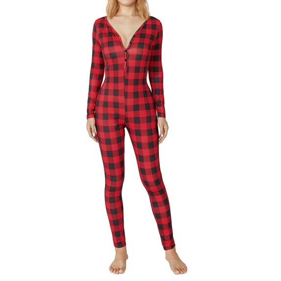 KelaJuan Womenacute;s Fall Romper, Plaid Jumpsuit, Elastic Yoga Casual Long Sleeve V-Neck Buttons Red Wear