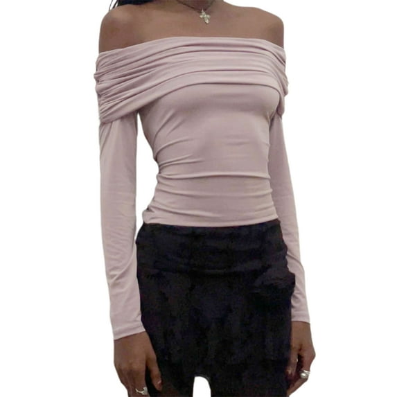 KelaJuan Womenacute;s Spring Summer Fitted Tops Black Long Sleeve Off Shoulder Ruched T-shirts
