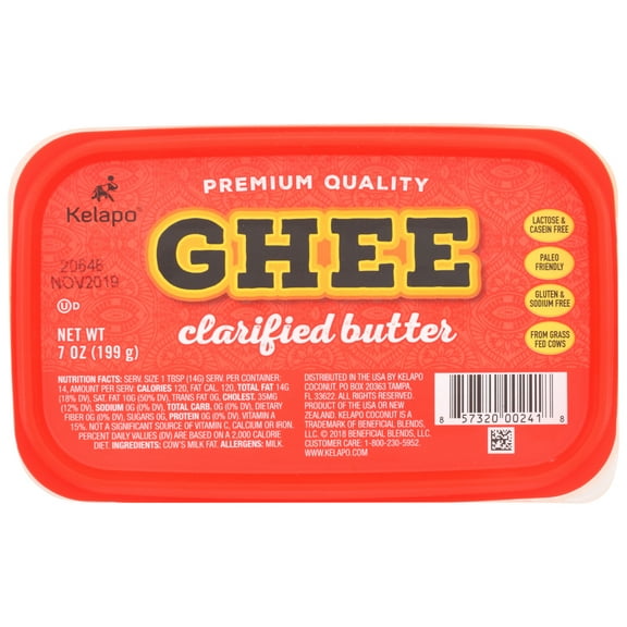 Kelapo Premium Quality Ghee Clarified Butter, 7 oz (199 g) Tub Grass-Fed, Lactose & Casein Free