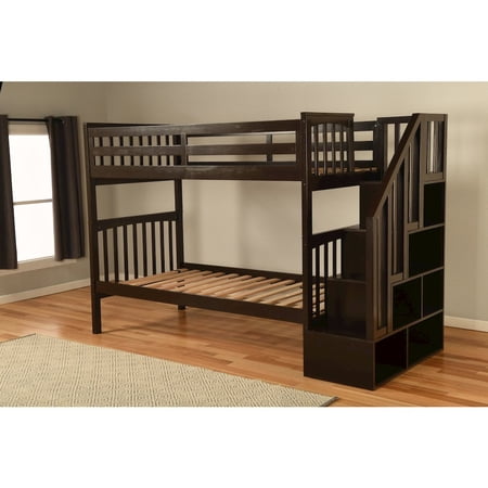 Kelcie Twin/Full Wood Bunk Bed with Storage in Dark Chocolate Brown