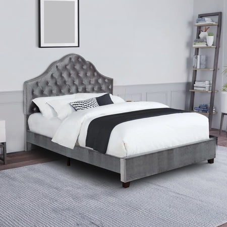 Keli 89 Inch Classic Upholstered Queen Bed, Scalloped, Button Tufted, Grey