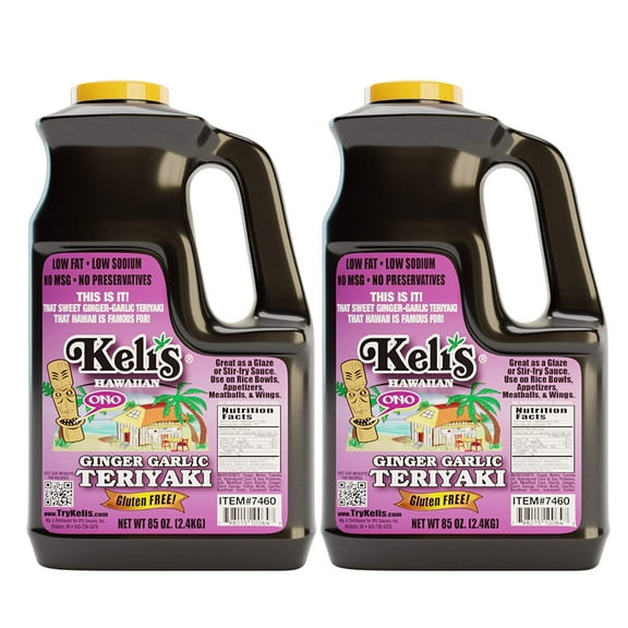 Keli's Low Sodium Vegan & Gluten Free Kid Friendly Sauce Ginger-Garlic Teriyaki Sauce, Flavorful Hawaiian Teriyaki Glaze and BBQ Sauce- Made with Gluten Free Soy Sauce- 85 oz (Pack of 2)