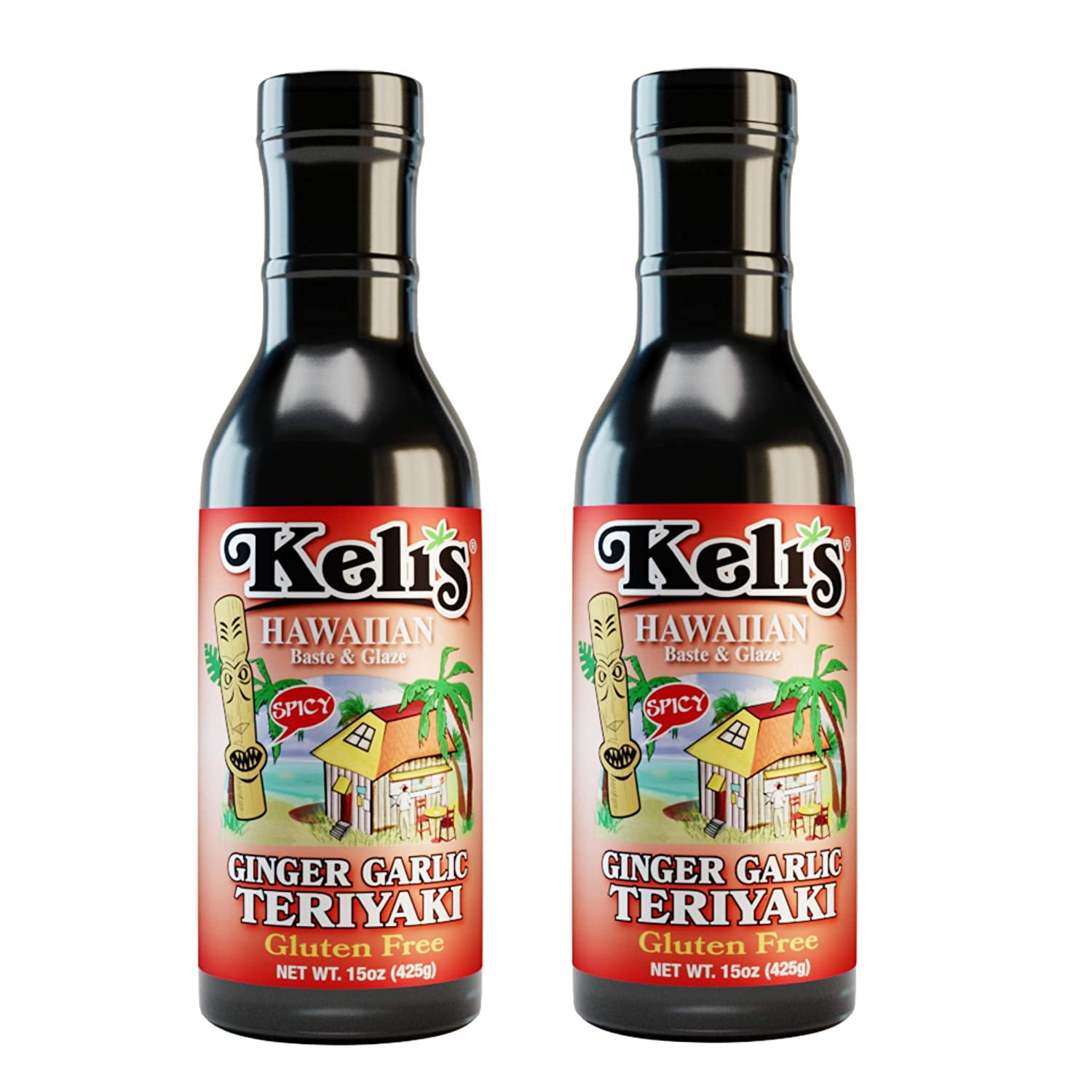 Keli's Sauces Low Sodium Spicy Gluten Free & Vegan Ginger Garlic Teriyaki Glaze And BBQ Sauce, Hot And Spicy Lover Approved! Made With Gluten Free Soy Sauce - 15oz (Pack Of 2)