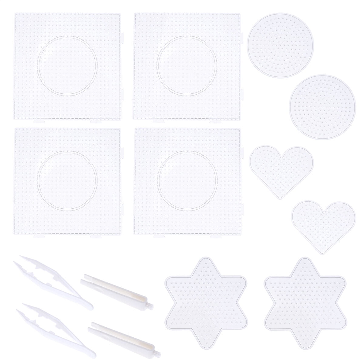 50Pcs Fuse Bead Pegboards Set - 6 Shapes With 2 Tweezers, Clear Plastic Bead Boards For DIY Crafts & Kids Projects
