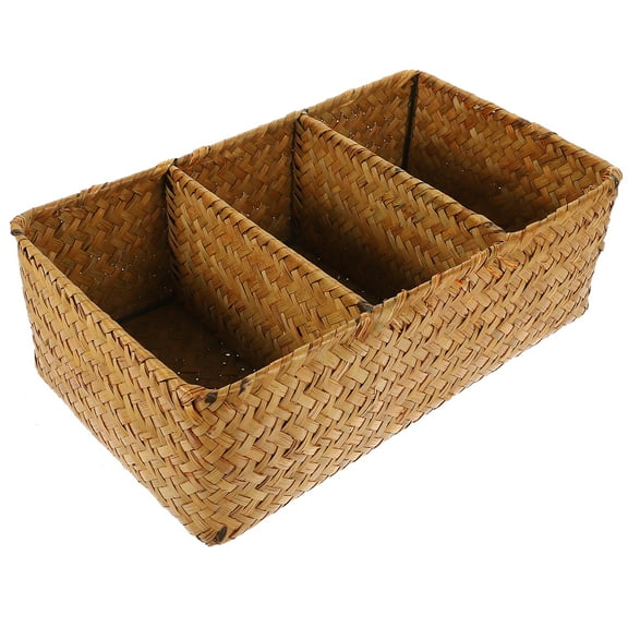 Kelingqi Woven Storage Basket 3-compartment Woven Box Tabletop Sundries Organizer Remote Controller Holder
