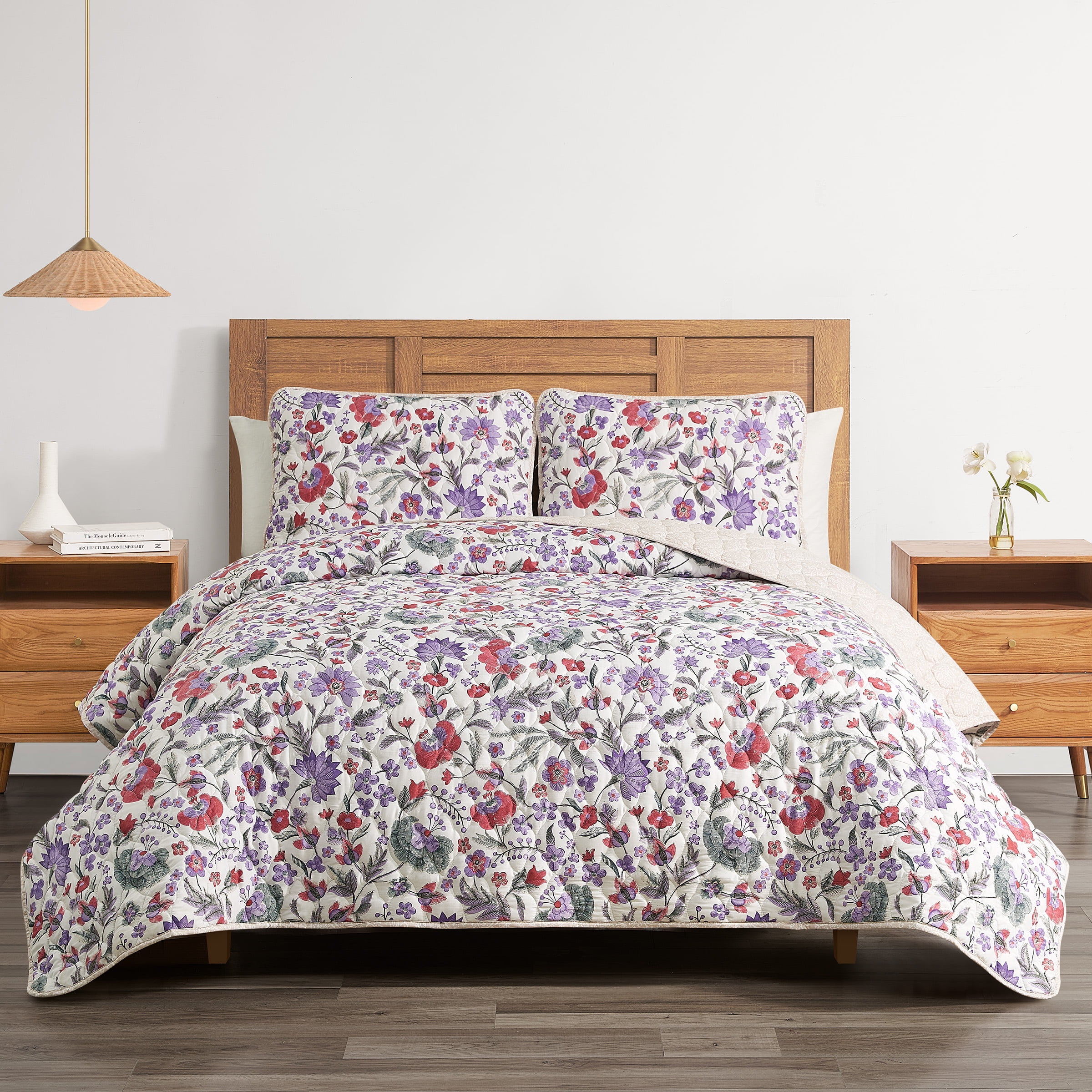 Ivory Floral Full Quilt Set with Damask Design