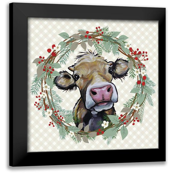 Keller, Lee 12x12 Black Modern Framed Museum Art Print Titled - Christmas Cow Wreath