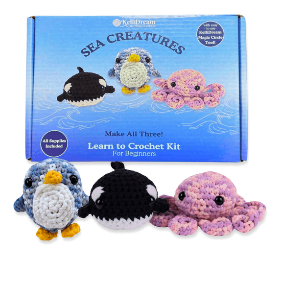 Learn to Crochet Sea Creature Kit Penguin Octopus & Whale (Purple Magic Circle Tool Included)
