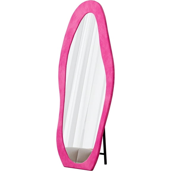 Kelligo Full Length Mirror, 63" x 24" Floor Mirror/Wall Mirror, Flannel Wrapped Wooden Frame Floor Mirror, Irregular Wavy Mirror Standing/Halling for Bedroom,Living Room, Dressing Room (Pink)
