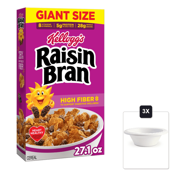 KelloggS Raisin Bran Breakfast Cereal, Giant Size, 27.1 oz & 3x 12oz Disposable Plastic Bowl