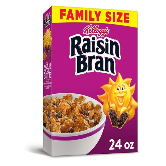 Kellogg,S Raisin Bran Breakfast Cereal, High Fiber Cereal, Made With Real Fruit, Family Size, Original, 24Oz Box (1 Box)