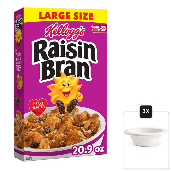KelloggS Raisin Bran Breakfast Cereal, Large Size, 20.9 oz & 3x 12oz Disposable Plastic Bowl
