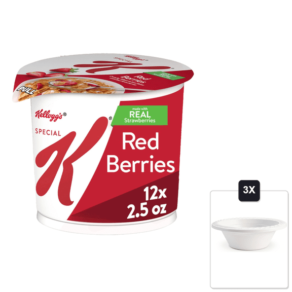 KelloggS Special K Breakfast Cereal Cups, Red Berries, 30 oz (12 Cups) & 3x 12oz Disposable Plastic Bowl