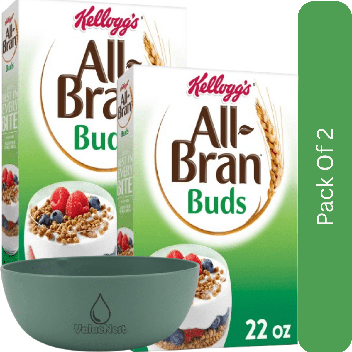 Kellogg’s All-Bran Buds High Fiber Breakfast Cereal, Original, 22 oz Box with olive green bowl by ValueNest