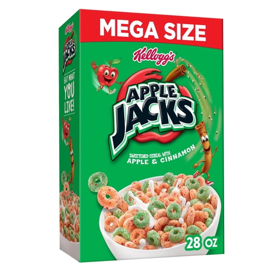 Kellogg's Apple Jacks Cold Breakfast Cereal, 8 Vitamins and Minerals, Kids Snacks, Mega Size, Original, 28oz Box (1 Box)