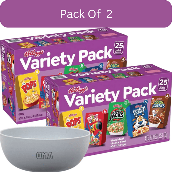 Kellogg's Assorted Cereal Variety Pack, 25 pk., 2 pk. with white bowl by OMA