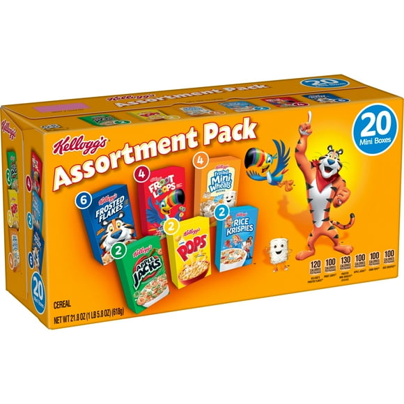 Kellogg's Assortment Pack Variety Pack Breakfast Cereal Box, 21.8 oz, 20 Count
