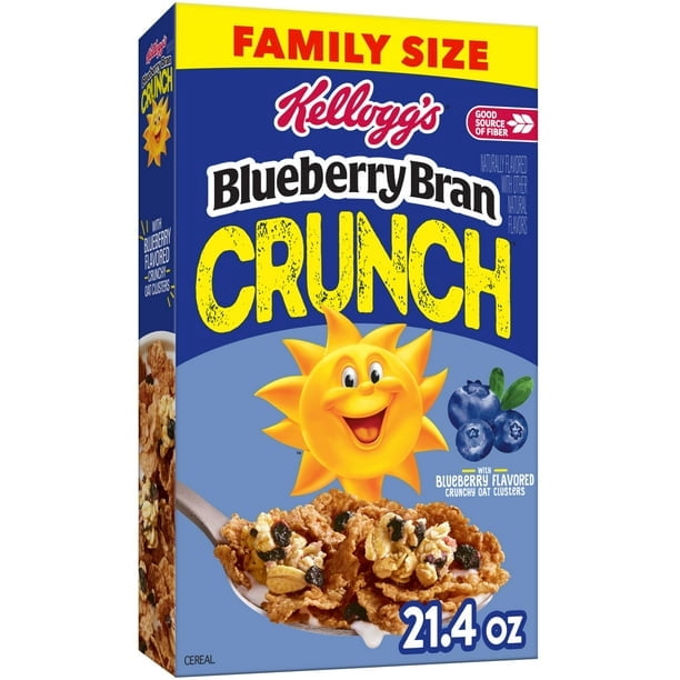Kellogg's Blueberry Bran Crunch Breakfast Cereal, Family Breakfast, Fiber Cereal, Family Size, Original, 21.4oz Box (Pack of 2)