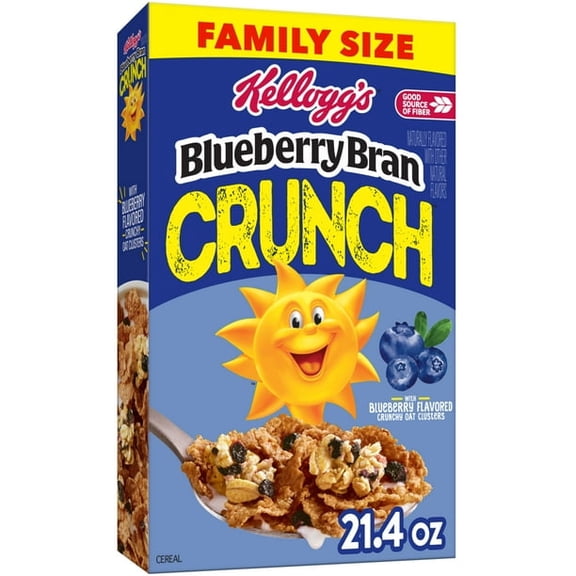Kellogg's Blueberry Bran Crunch Breakfast Cereal, Family Breakfast, Fiber Cereal, Family Size, Original, 21.4oz Box (Pack of 2)