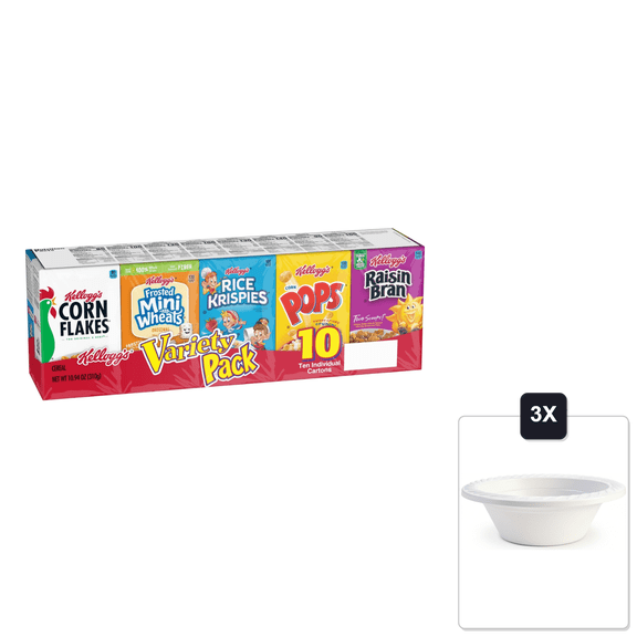 Kellogg's Breakfast Cereal Variety Pack - Corn Flakes, Frosted Mini Wheats, Rice Krispies, Corn Pops, Raisin Bran - Single Serve - 10.94 oz (10 Count) & 3x 12oz Disposable Plastic Bowl