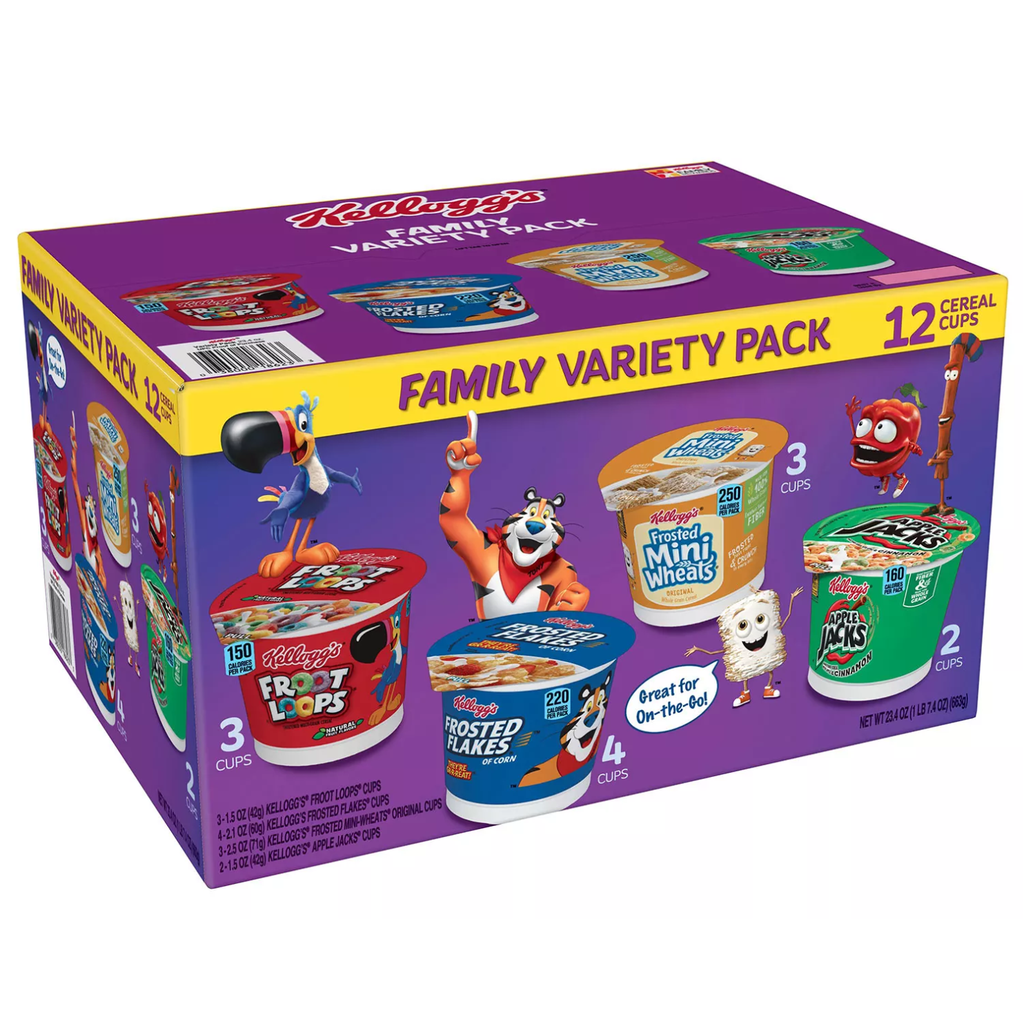Kellogg's Cereal in a Cup Variety Pack Includes Froot Loops, Frosted Flakes, Mini-Wheats & Apple Jack Crispy Breakfast Good Source of Vitamins & Minerals On the Go Cereals for Kids & Adults 12 Count