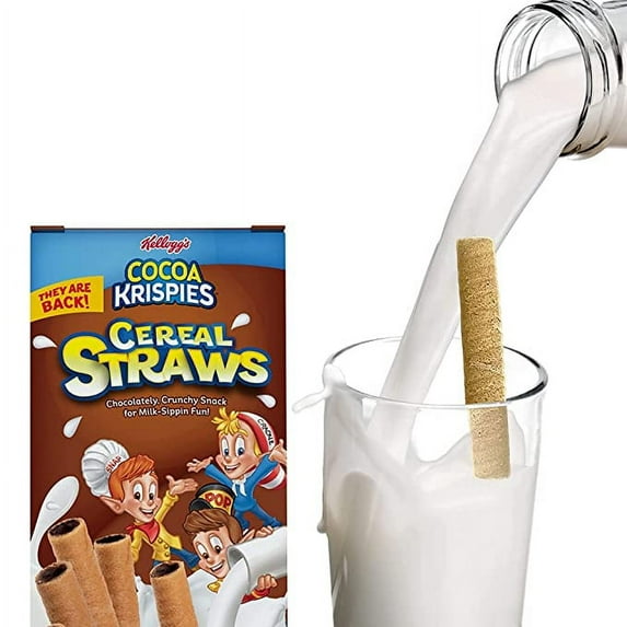 Kellogg's Cereal Straws Cocoa Krispies Edible Breakfast Straw Alternatives for Milk, 90's Childhood Nostalgic Treat for Drinking and Eating, Chocolate Cereals for Kids, 18 Count